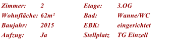 Zimmer: 2 Etage: 3.OG Wohnflche: 62m Bad: Wanne/WC Baujahr: 2015 EBK: eingerichtet Aufzug: Ja Stellplatz TG Einzell