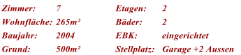 Zimmer: 7 Etagen: 2 Wohnflche: 265m Bder: 2 Baujahr: 2004 EBK: eingerichtet Grund: 500m Stellplatz: Garage +2 Aussen