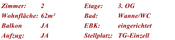 Zimmer: 2 Etage: 3. OG Wohnfläche: 62m² Bad: Wanne/WC Balkon JA EBK: eingerichtet Aufzug: JA Stellplatz: TG-Einzell